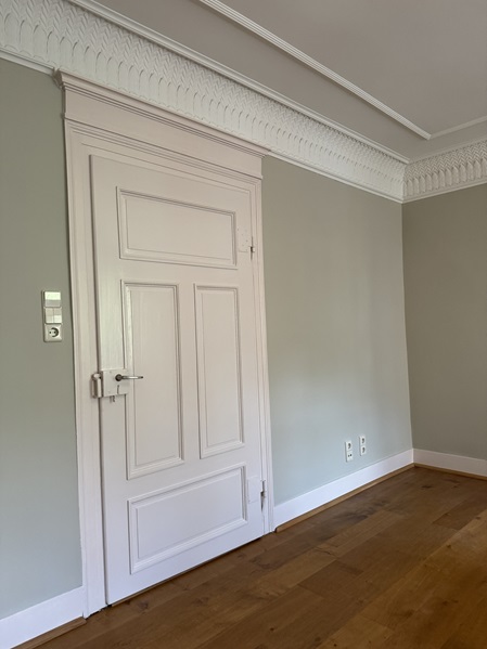 Zimmertüre in einem Raum mit Stuckelementen an der Decke